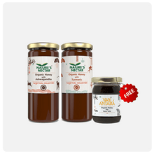 Load image into Gallery viewer, Organic Honey with Ashwagandha &amp; Turmeric 325g + Organic Honey with Tulsi 150g Free | Natures Nectar
